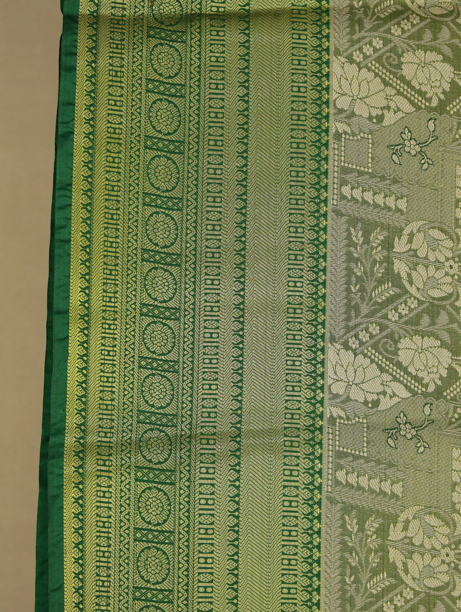 Olive Green Kanchipuram Inspired Semi Silk Saree with Medium Medium Contrast Border