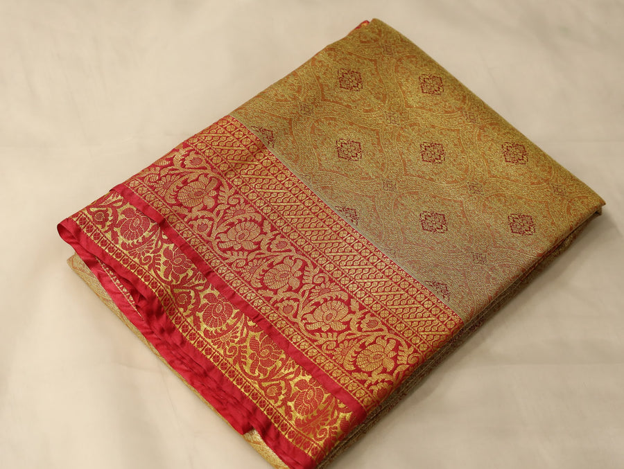 Champagne Gold Kanchipuram Inspired Semi Silk Saree with Medium Medium Contrast Border