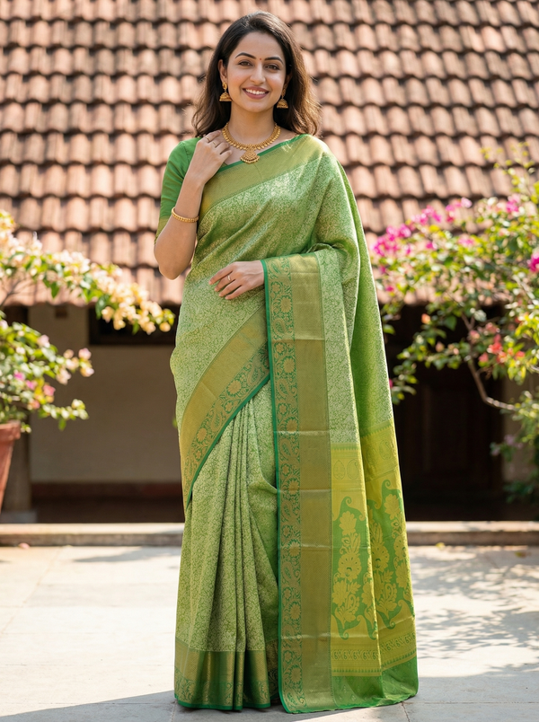 Olive Green Kanchipuram Inspired Semi Silk Saree with Medium Medium Contrast Border