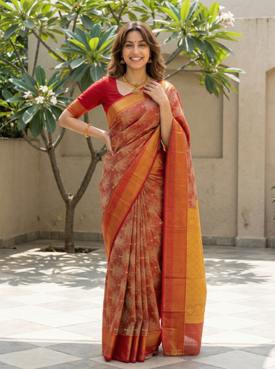 Terracotta Orange Dharmavaram Inspired Semi Silk Saree with Wide Wide Self Border