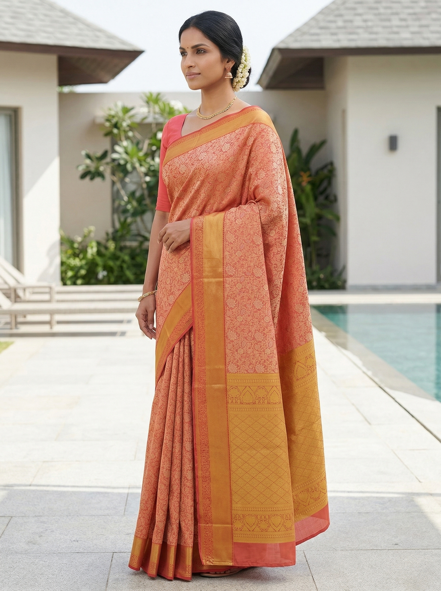 Sunset Coral Kanchipuram Inspired Semi Silk Saree with Medium Medium Contrast Border