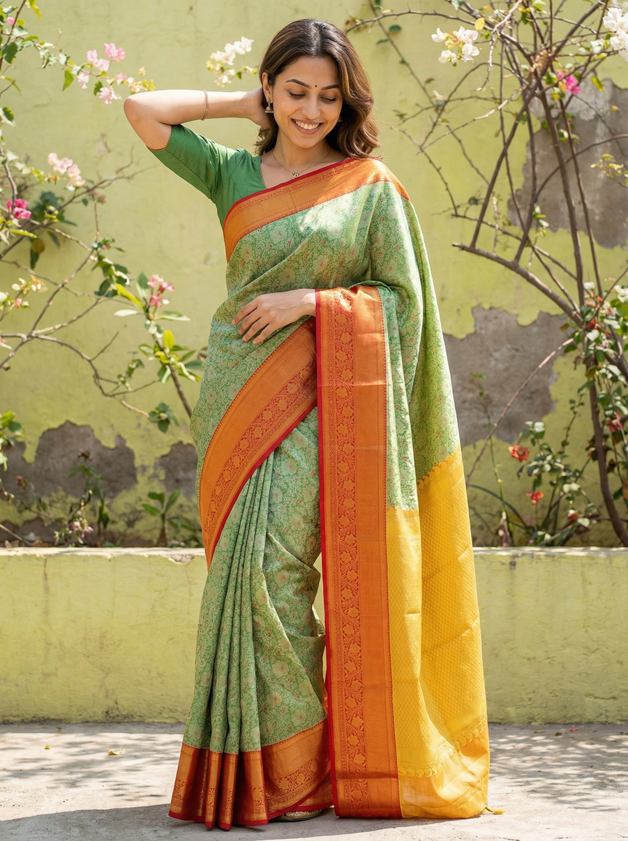Sage Green Kanchipuram Inspired Semi Silk Saree with Wide Wide Contrast Border