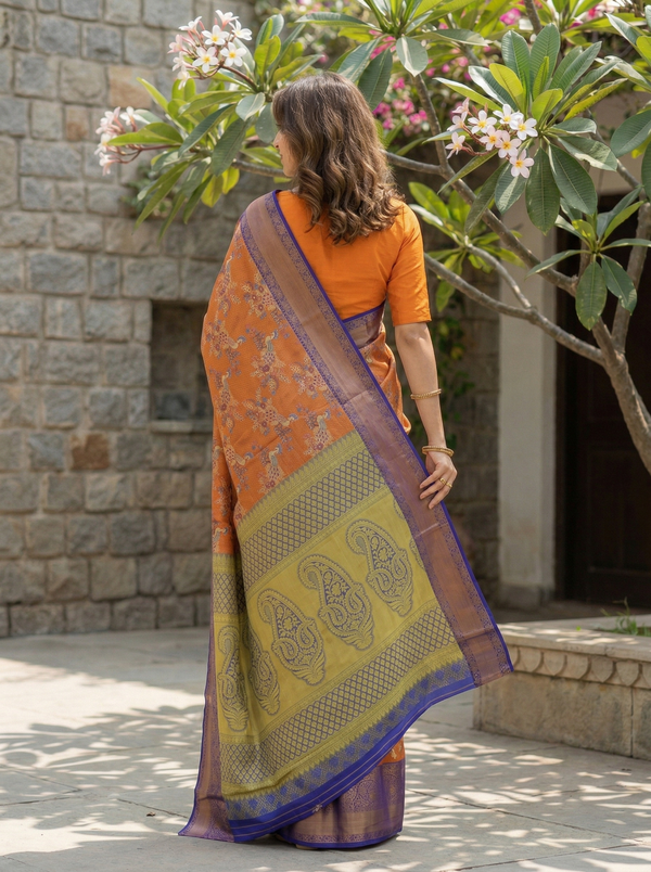 Burnt Orange Kanchipuram Inspired Semi Silk Saree with Wide Wide Contrast Border