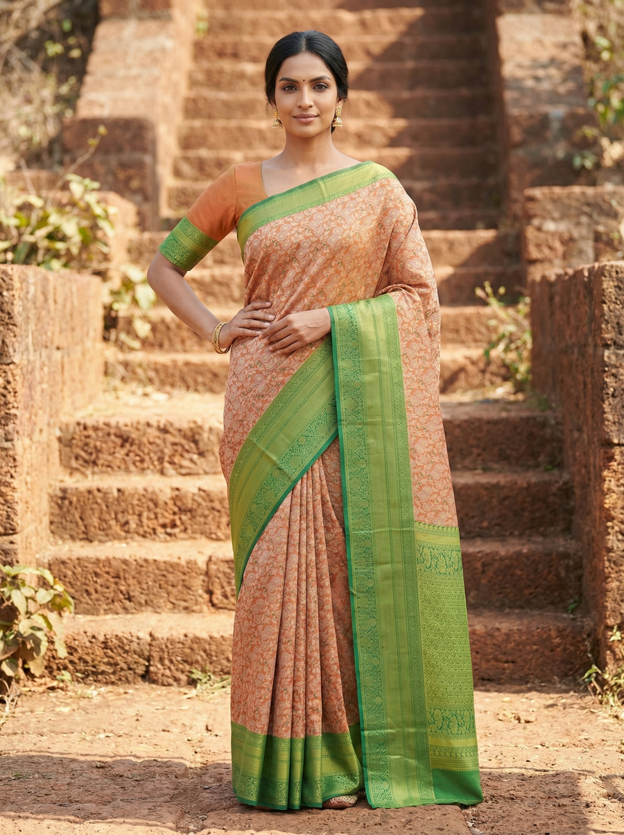 Sage Green Kanchipuram Inspired Semi Silk Saree with Medium Medium Contrast Border