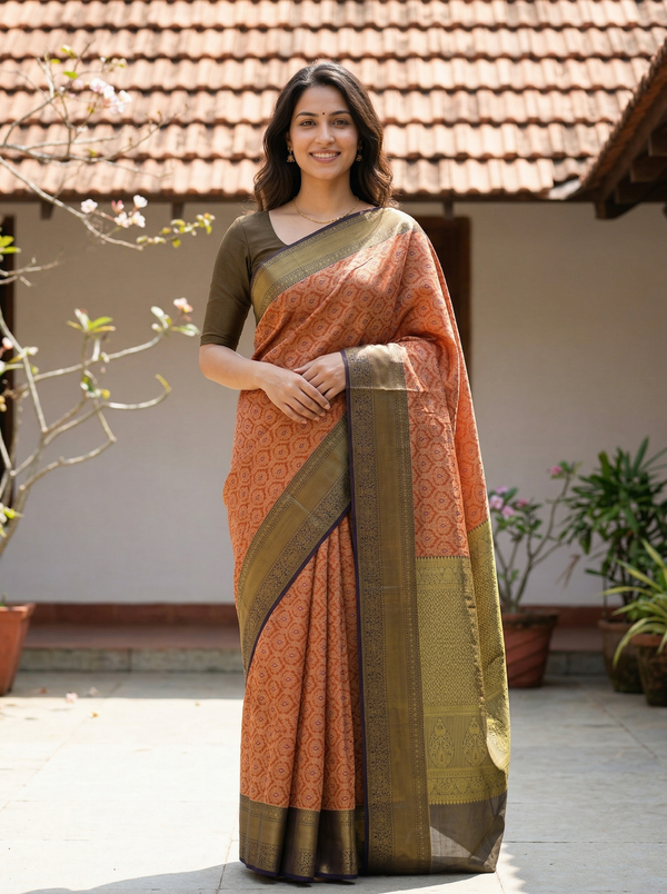 Olive Green Kanchipuram Inspired Semi Silk Saree with Wide Wide Contrast Border