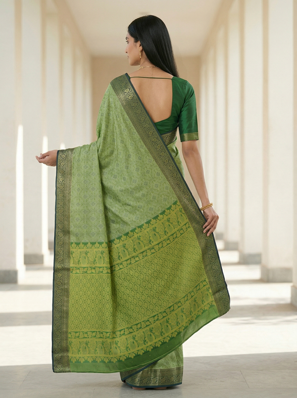 Sage Green Kanchipuram Inspired Semi Silk Saree with Medium Medium Contrast Border