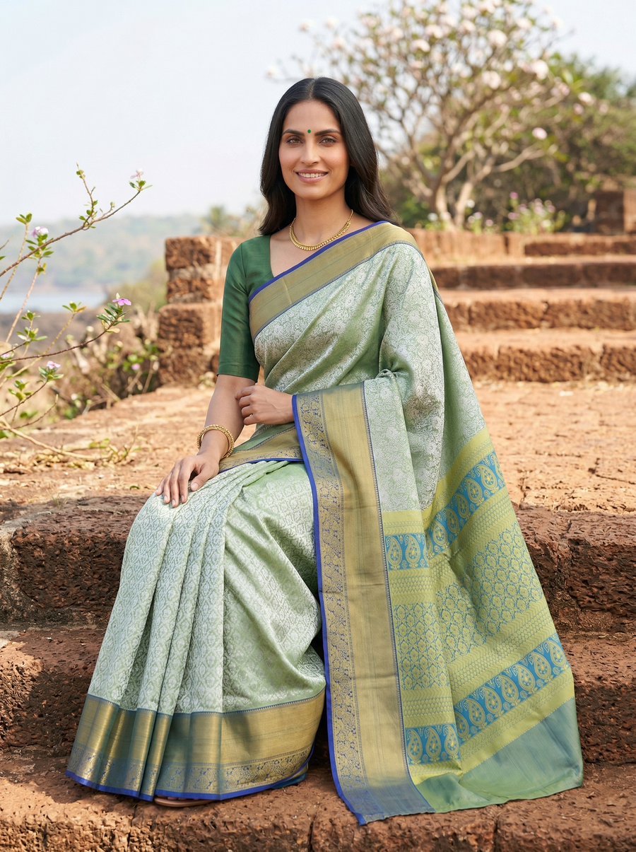 Sage Green Uppada Inspired Semi Silk Saree with Medium Medium Contrast Border