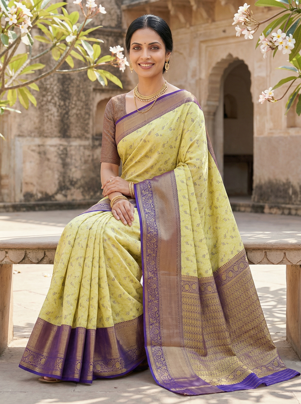 Lemon Yellow Mysore Inspired Semi Silk Saree with Wide Wide Contrast Border