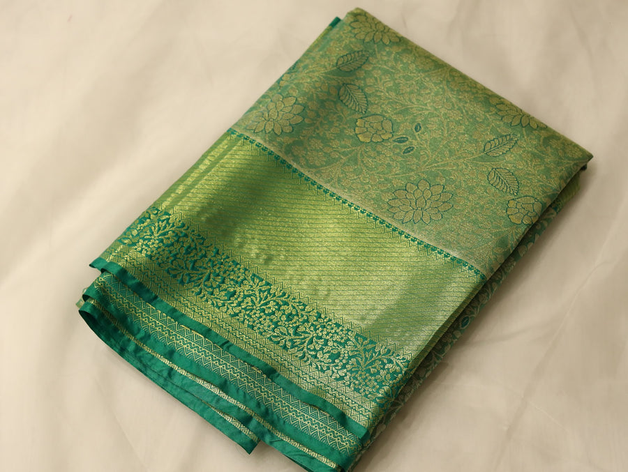 Moss Green Kanchipuram Inspired Semi Silk Saree with Wide Wide Self Border