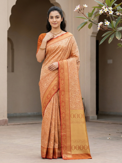 Burnt Sienna Gadwal Inspired Semi Silk Saree with Wide Wide Contrast Border
