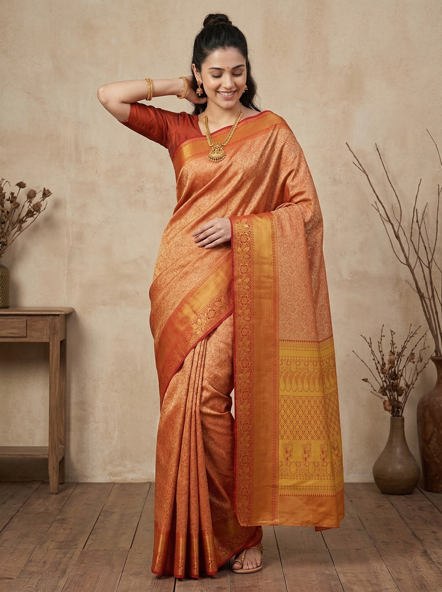 Saffron Gold Dharmavaram Inspired Semi Silk Saree with Wide Wide Contrast Border