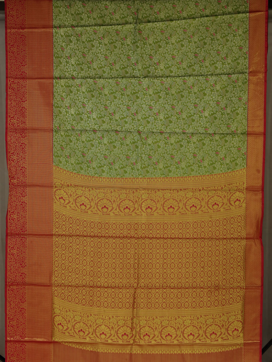 Olive Green Kanchipuram Inspired Semi Silk Saree with Wide Wide Contrast Border