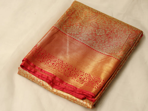 Burnt Orange Dharmavaram Inspired Semi Silk Saree with Wide Wide Contrast Border