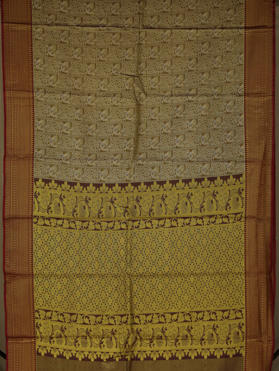 Champagne Gold Kanchipuram Inspired Semi Silk Saree with Wide Wide Contrast Border