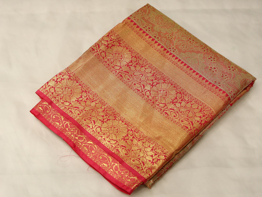 Champagne Gold Kanchipuram Inspired Semi Silk Saree with Wide Wide Contrast Border