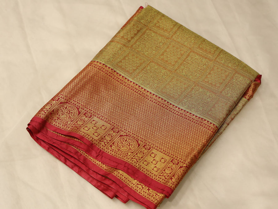 Champagne Gold Dharmavaram Inspired Semi Silk Saree with Medium Medium Contrast Border