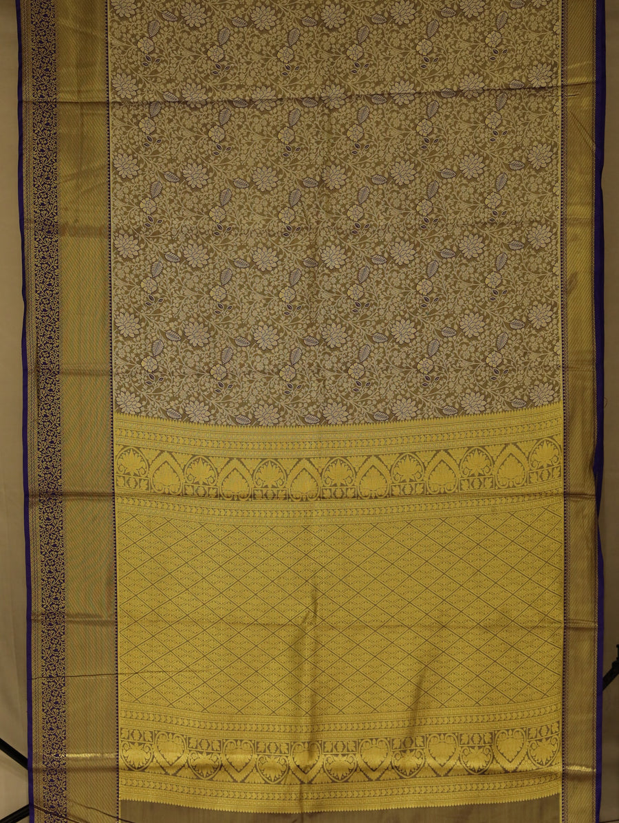 Champagne Gold Kanchipuram Inspired Semi Silk Saree with Narrow Narrow Contrast Border