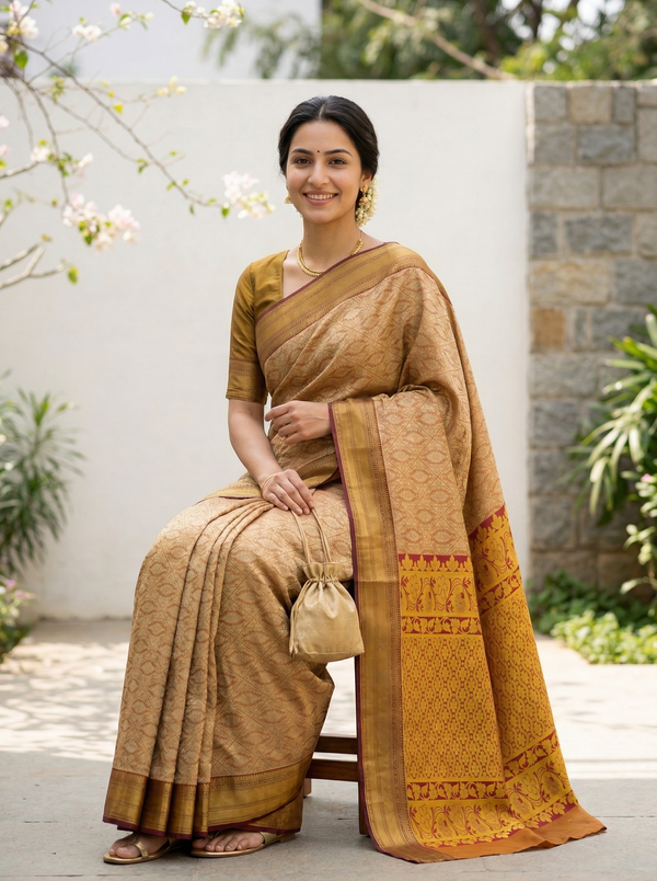 Champagne Gold Dharmavaram Inspired Semi Silk Saree with Wide Wide Contrast Border