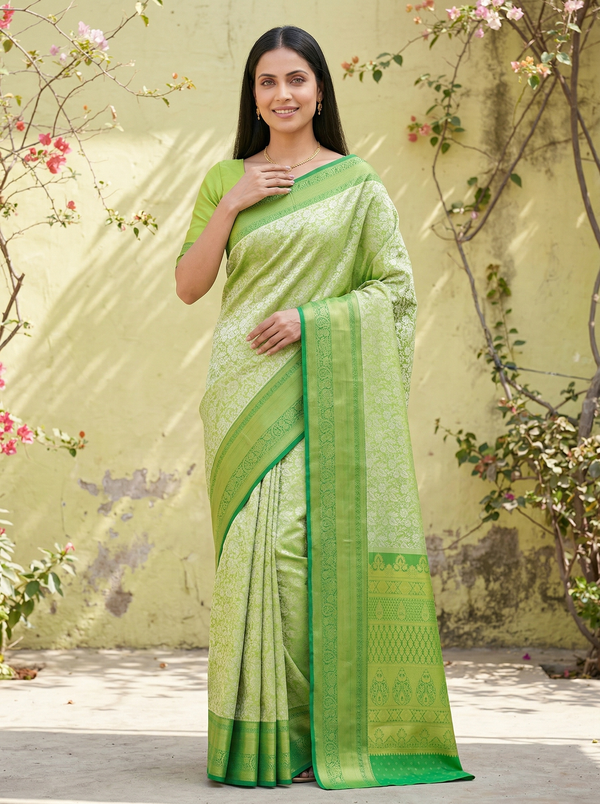 Lime Green Mysore Inspired Semi Silk Saree with Medium Medium Self Border
