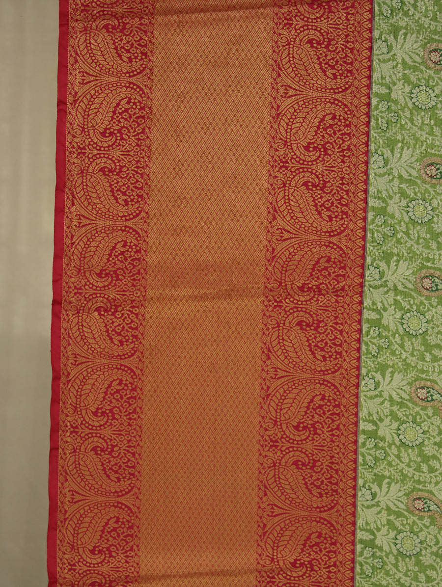 Sage Green Kanchipuram Inspired Semi Silk Saree with Wide Wide Contrast Border