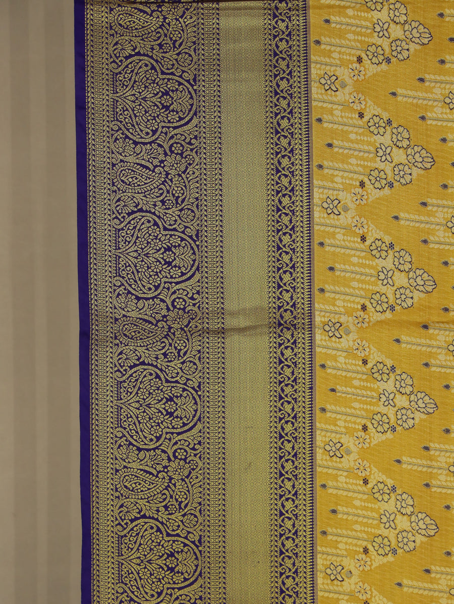 Golden Mustard Kanchipuram Inspired Semi Silk Saree with Wide Wide Contrast Border