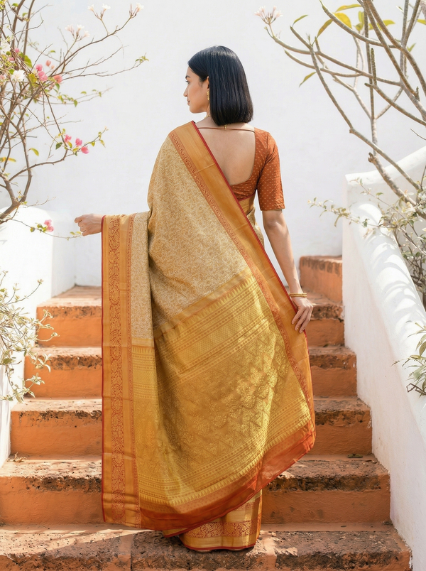 Champagne Gold Kanchipuram Inspired Semi Silk Saree with Wide Wide Contrast Border