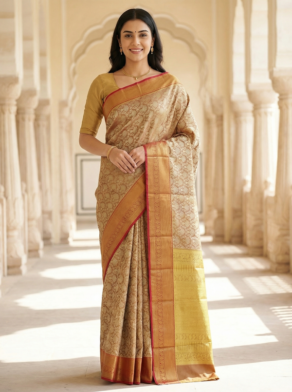 Champagne Gold Kanchipuram Inspired Semi Silk Saree with Wide Wide Contrast Border