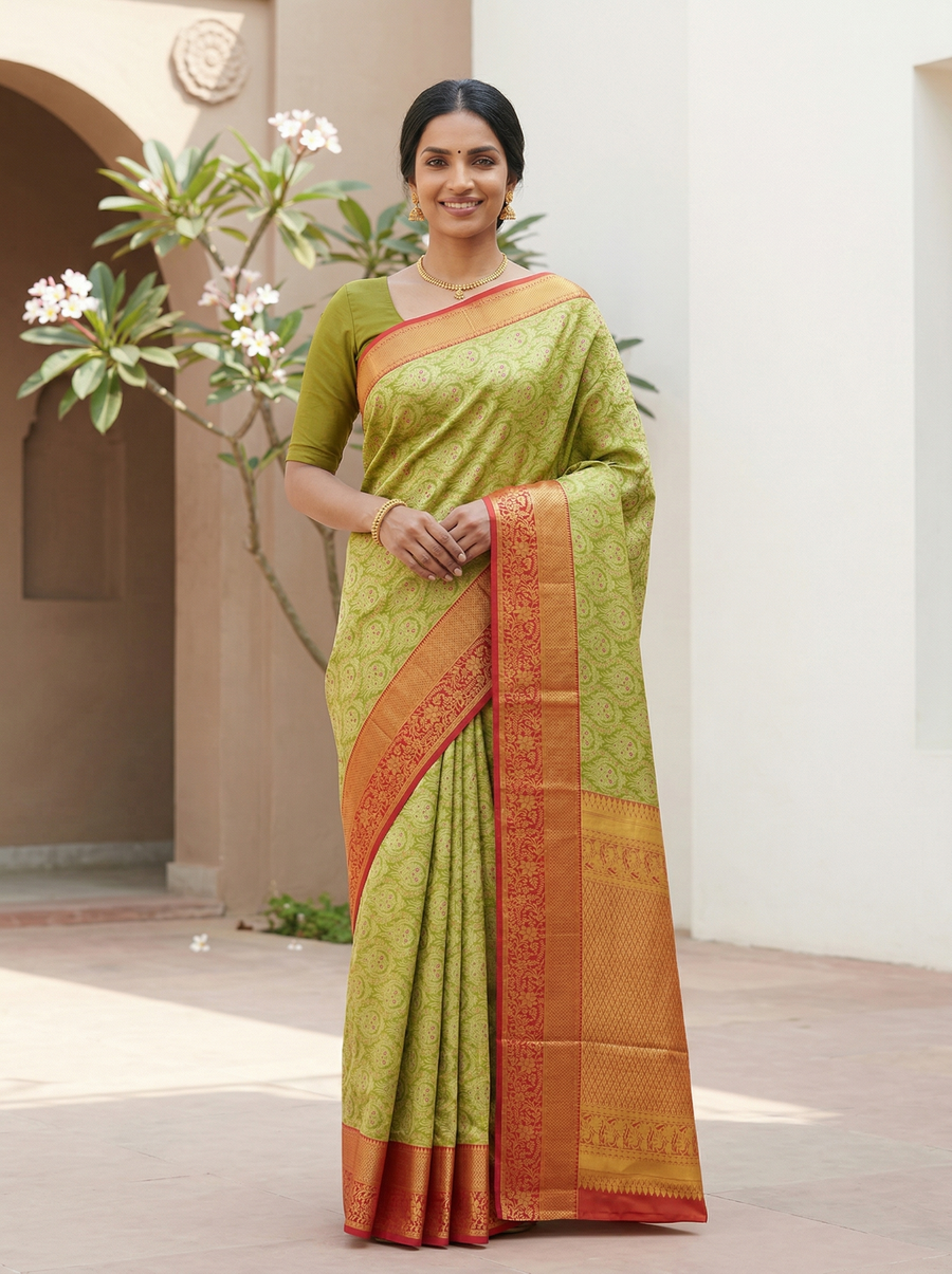 Olive Green Kanchipuram Inspired Semi Silk Saree with Medium Medium Contrast Border