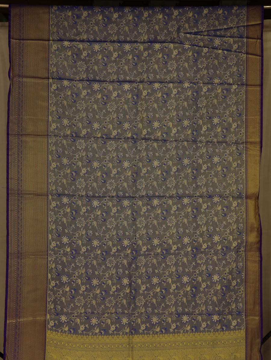 Slate Blue Kanchipuram Inspired Semi Silk Saree with Wide Wide Contrast Border