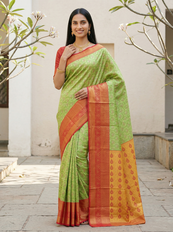 Sage Green Kanchipuram Inspired Semi Silk Saree with Wide Wide Contrast Border