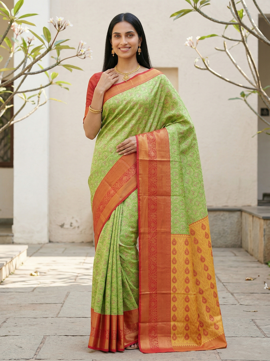 Sage Green Kanchipuram Inspired Semi Silk Saree with Wide Wide Contrast Border