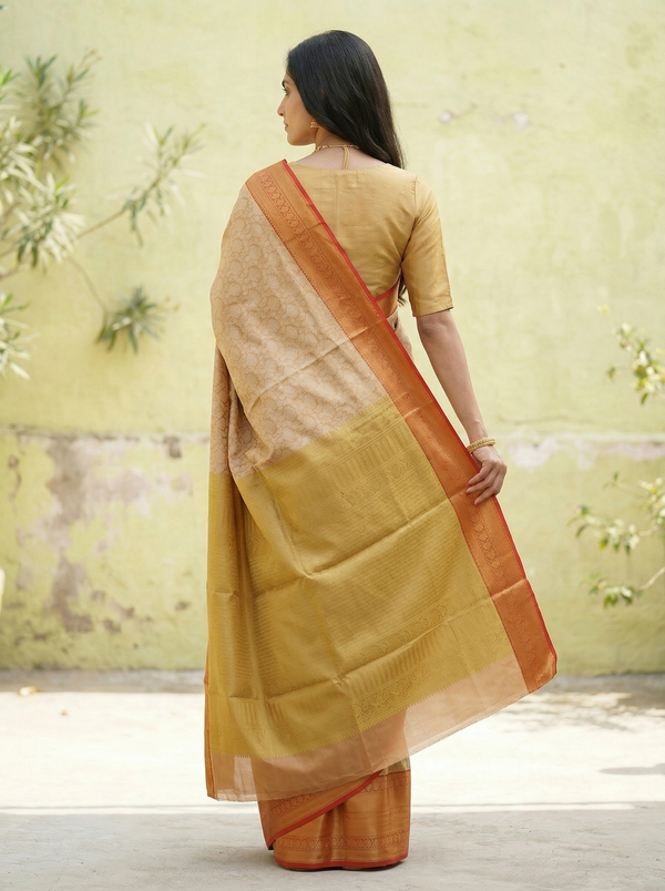 Champagne Gold Dharmavaram Inspired Semi Silk Saree with Wide Wide Contrast Border