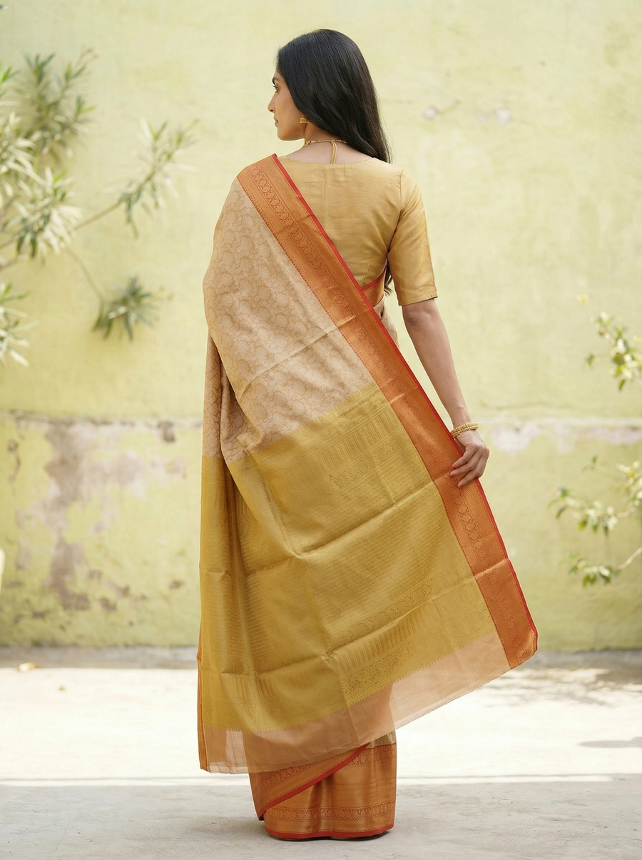 Champagne Gold Dharmavaram Inspired Semi Silk Saree with Wide Wide Contrast Border