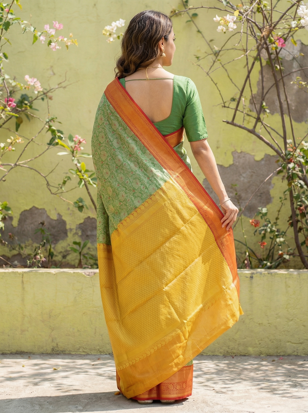 Sage Green Kanchipuram Inspired Semi Silk Saree with Wide Wide Contrast Border