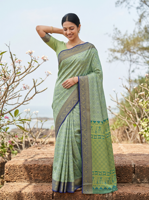 Sage Green Uppada Inspired Semi Silk Saree with Wide Wide Contrast Border