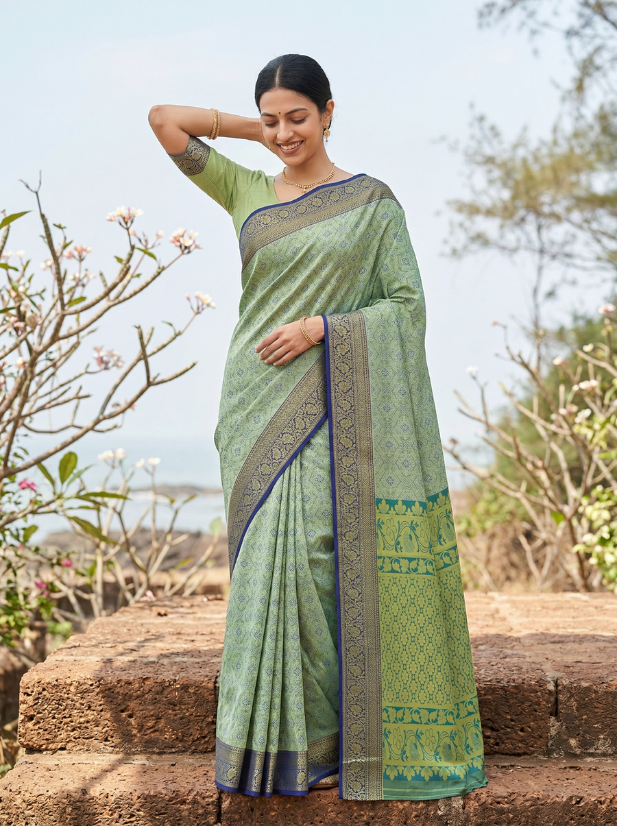 Sage Green Uppada Inspired Semi Silk Saree with Wide Wide Contrast Border