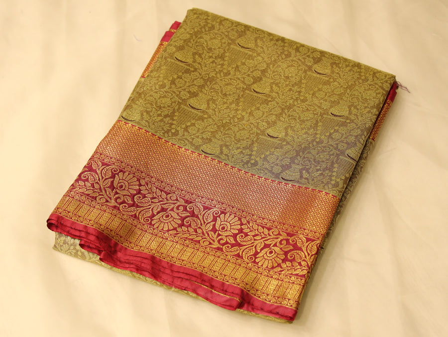 Champagne Gold Dharmavaram Inspired Semi Silk Saree with Medium Medium Contrast Border