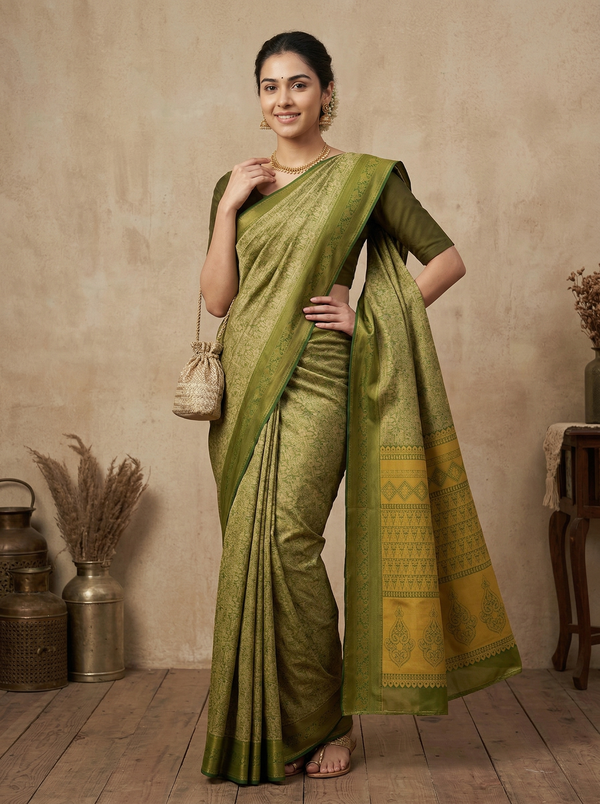 Olive Green Uppada Inspired Semi Silk Saree with Medium Medium Contrast Border