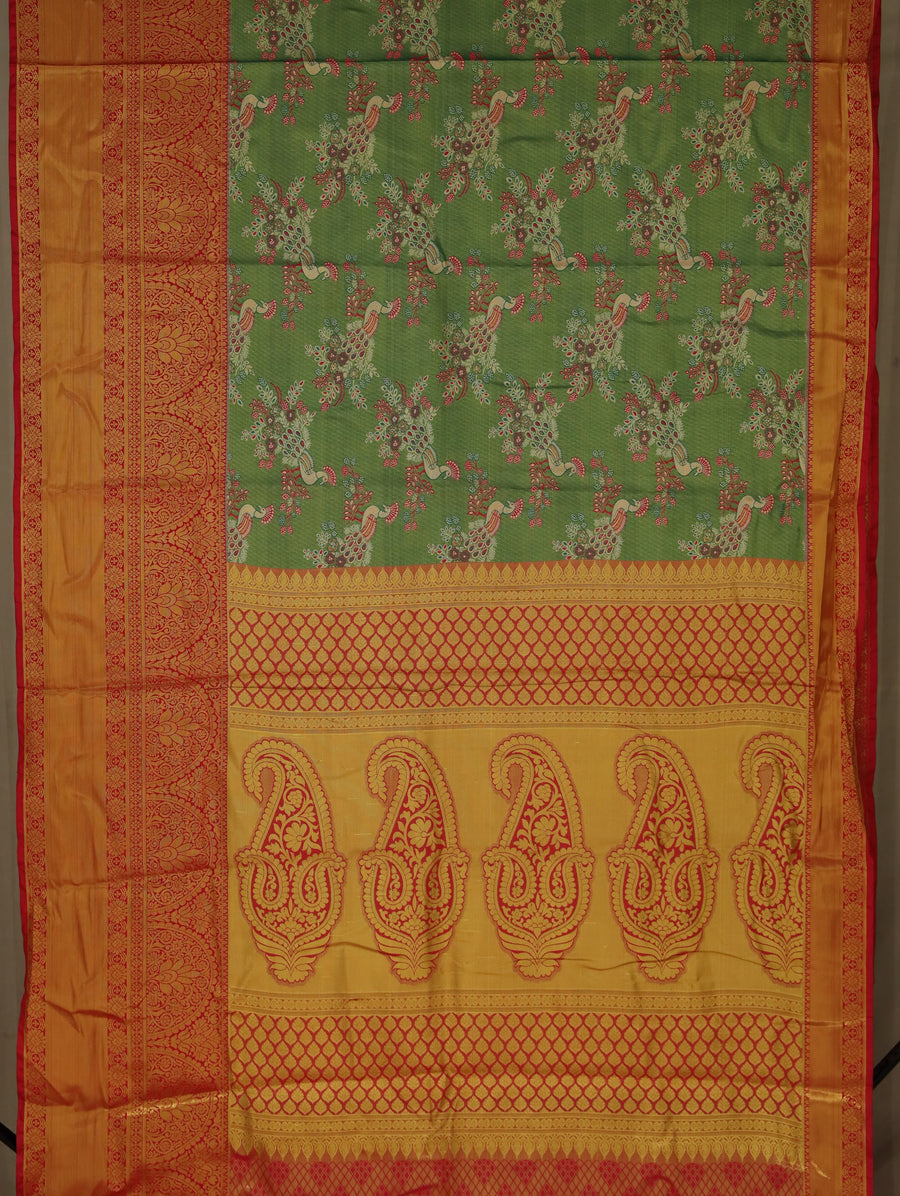 Sage Green Kanchipuram Inspired Semi Silk Saree with Wide Wide Contrast Border