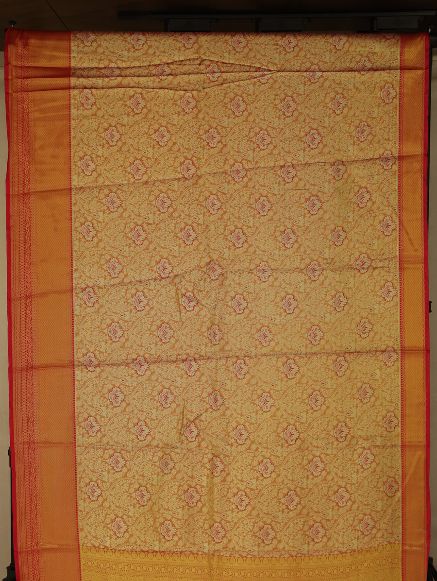 Sunset Gold Kanchipuram Inspired Semi Silk Saree with Narrow Narrow Contrast Border