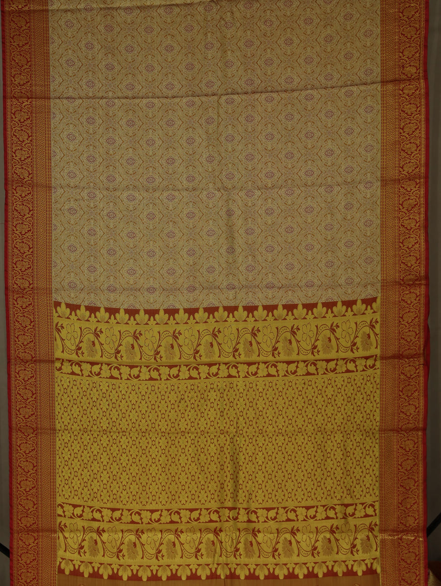 Champagne Gold Kanchipuram Inspired Semi Silk Saree with Medium Medium Contrast Border