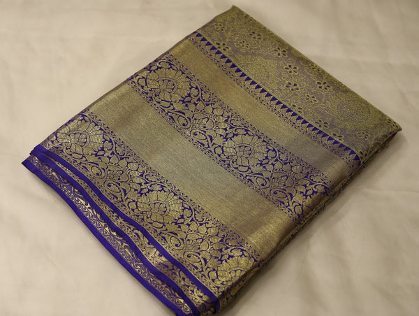 Champagne Gold Kanchipuram Inspired Semi Silk Saree with Wide Wide Contrast Border