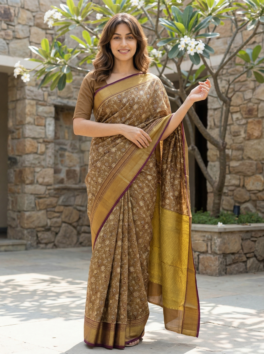 Antique Bronze Dharmavaram Inspired Semi Silk Saree with Medium Medium Contrast Border
