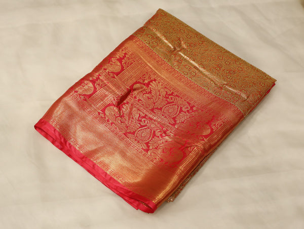 Champagne Gold Dharmavaram Inspired Semi Silk Saree with Wide Wide Contrast Border
