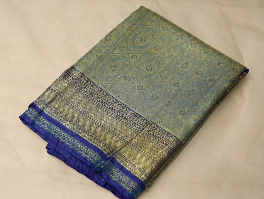 Sage Green Kanchipuram Inspired Semi Silk Saree with Wide Wide Contrast Border