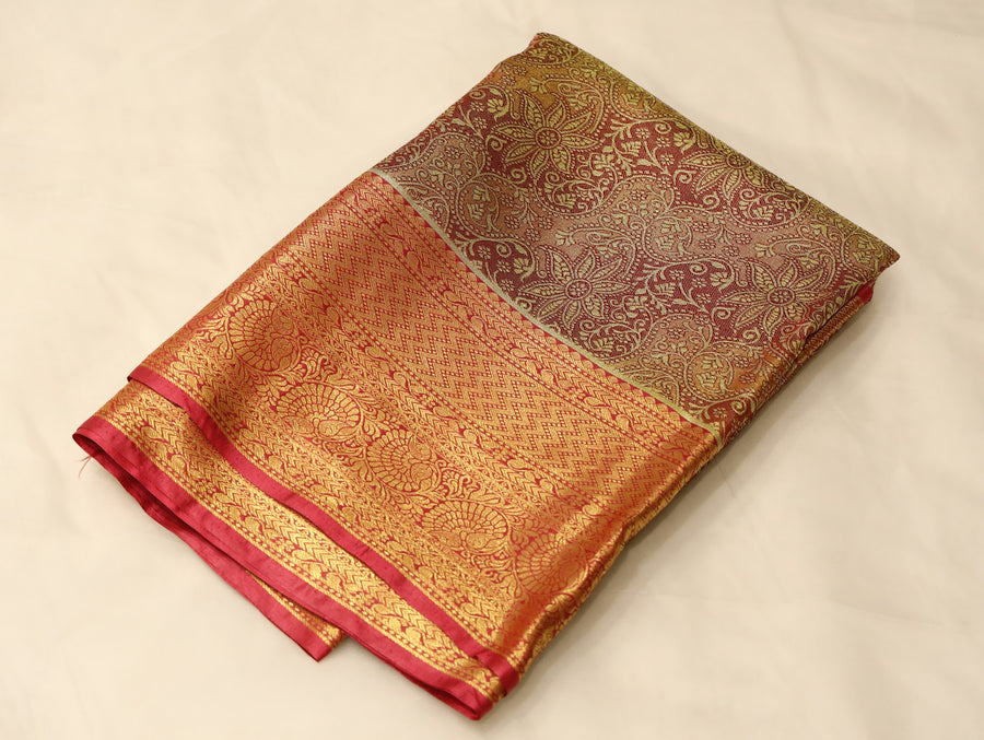 Antique Gold Kanchipuram Inspired Semi Silk Saree with Wide Wide Contrast Border