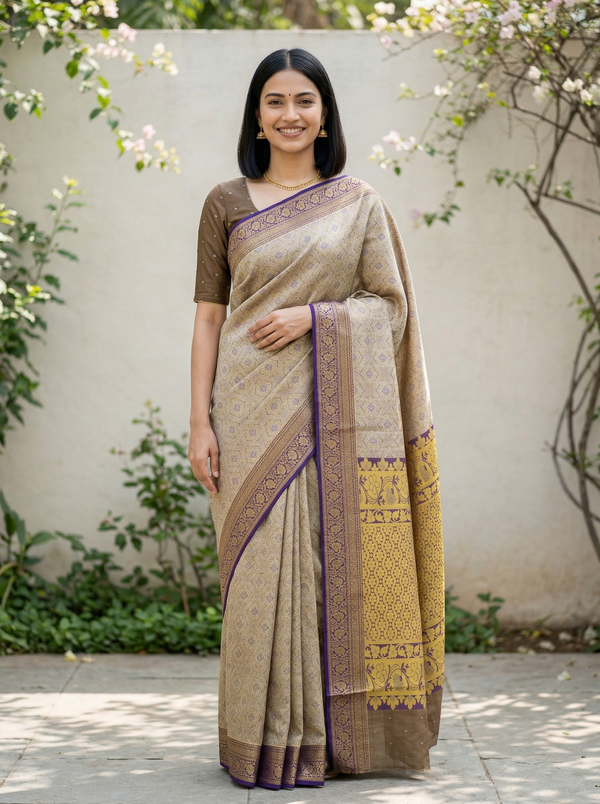 Champagne Gold Dharmavaram Inspired Semi Silk Saree with Wide Wide Contrast Border