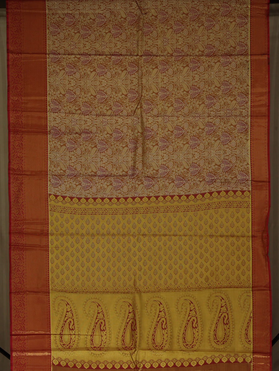 Sunset Gold Kanchipuram Inspired Semi Silk Saree with Wide Wide Contrast Border