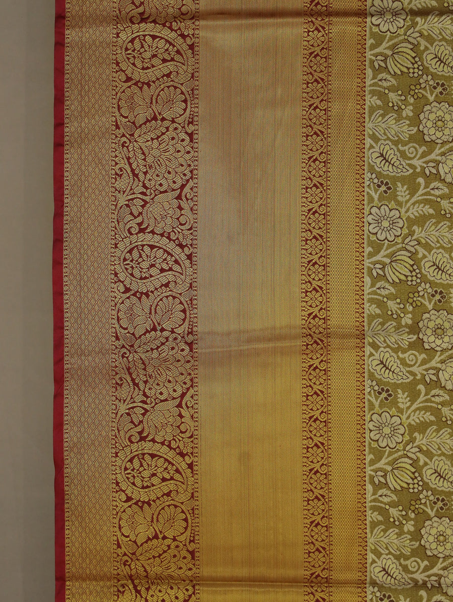 Olive Green Kanchipuram Inspired Semi Silk Saree with Medium Medium Contrast Border