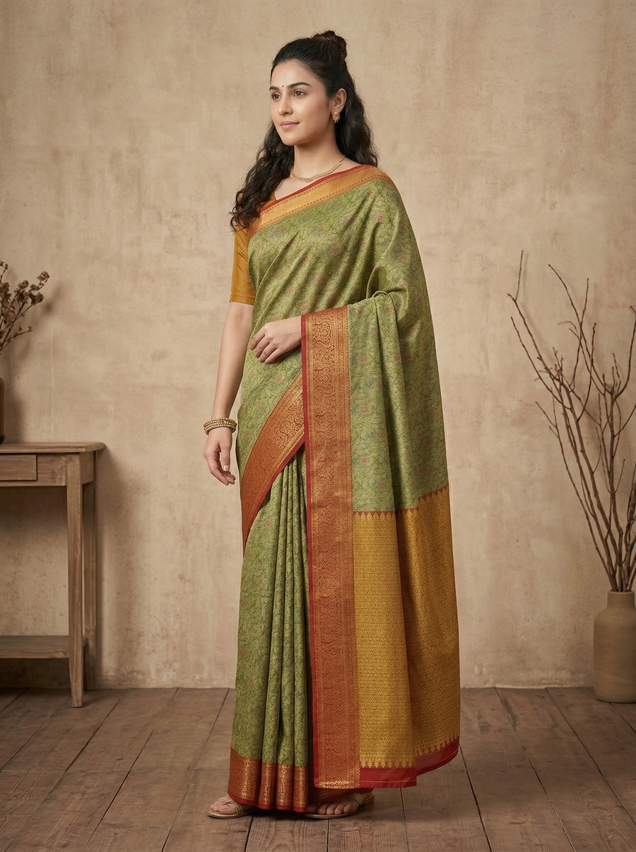 Sage Green Kanchipuram Inspired Semi Silk Saree with Wide Wide Contrast Border
